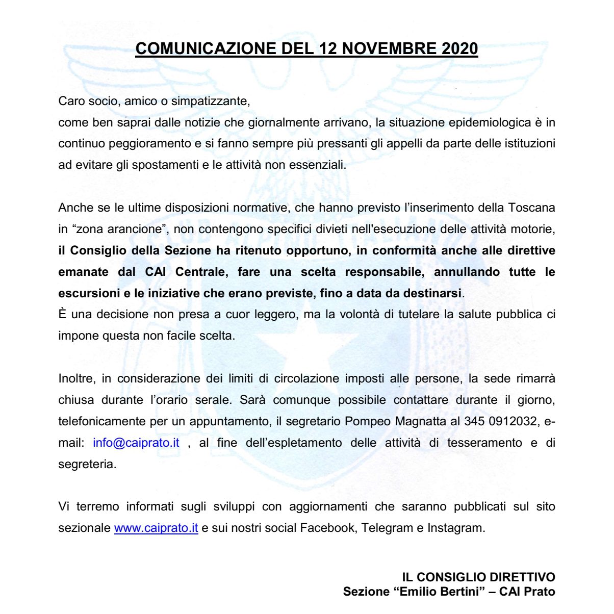 COMUNICATO 12 NOVEMBRE 2020